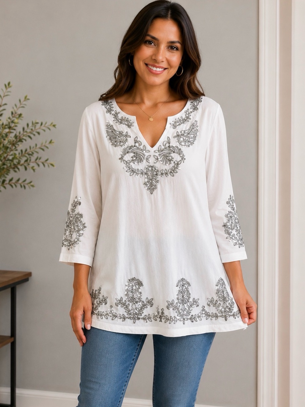 Bay Studio White Tunic with Silver Embroidery